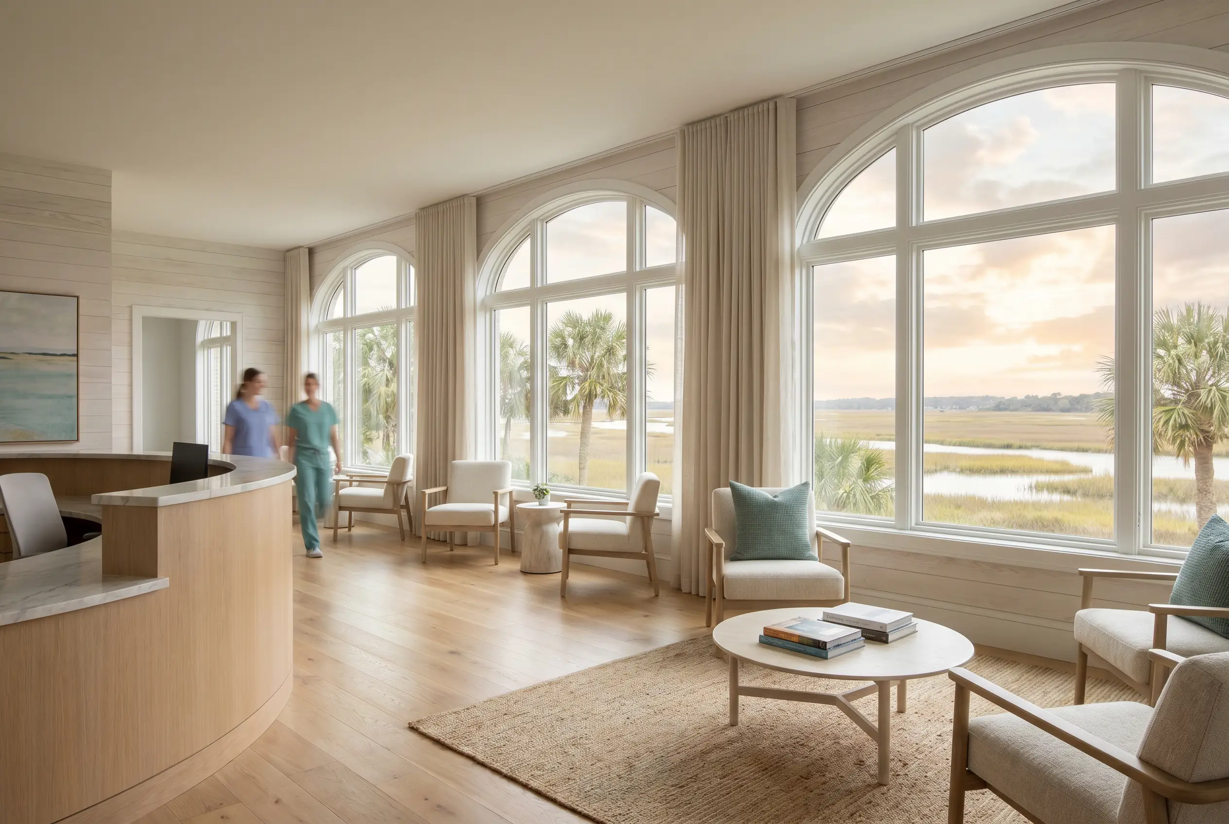 The bright, calm interior of Palmetto Coastal Health overlooking the Lowcountry marsh